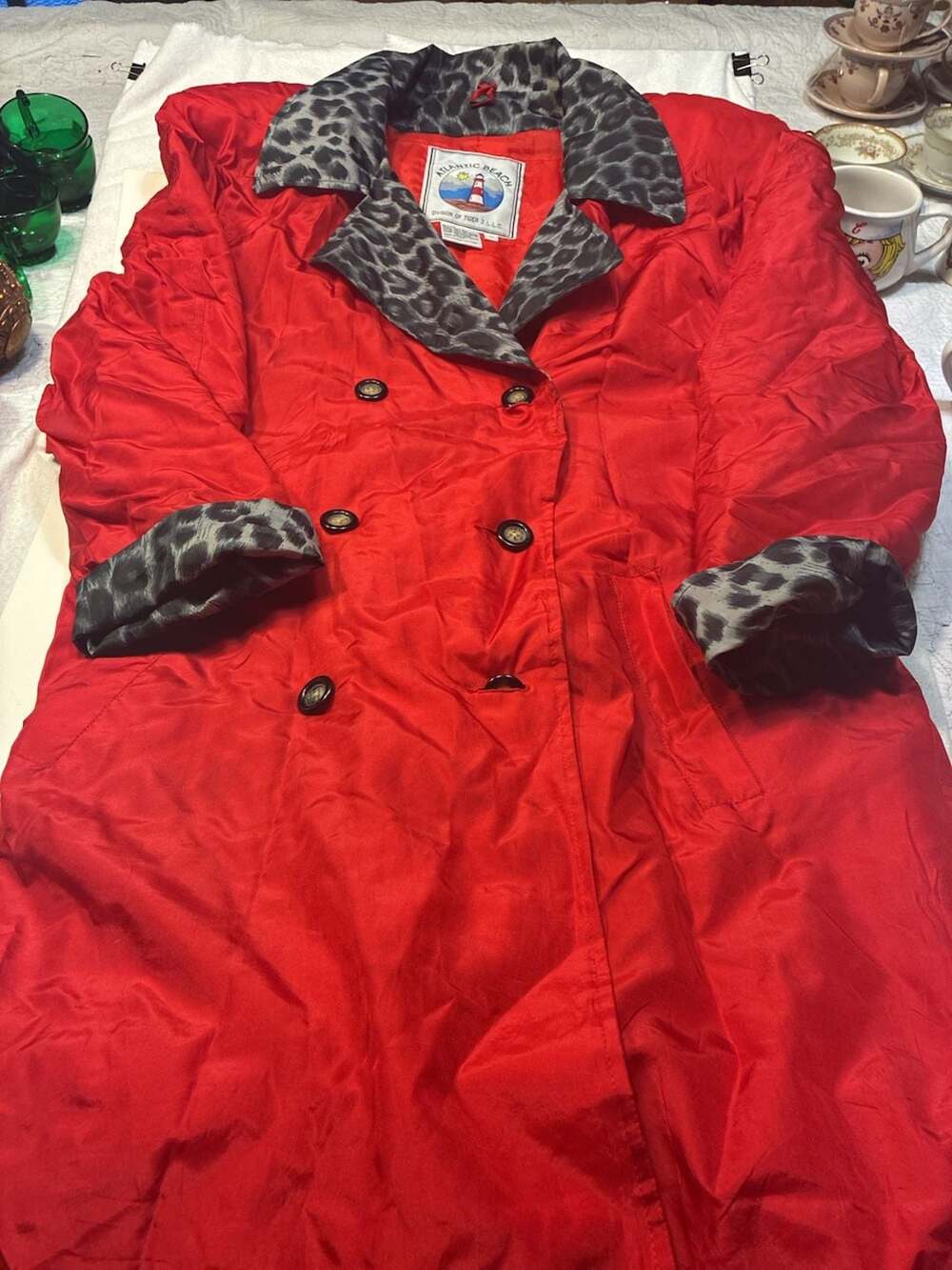 Atlantic Beach Red 100% Silk Double Breasted Trench Coat with Leopard Print Trim